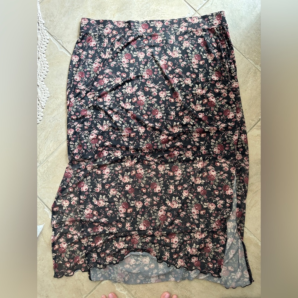 torrid Black Midi Slip Skirt with Pink Floral Print